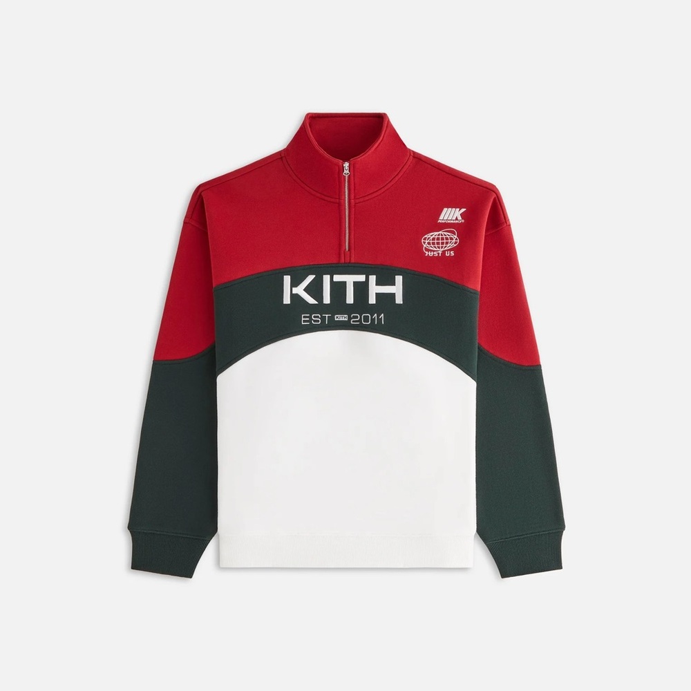 Kith Red, Dark Green & White Colorblocked Quarter-Zip Sweatshirt